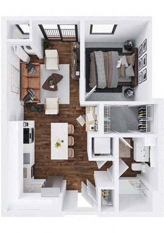 Floor plan for 1 bed, 1 bath, 656 sqft